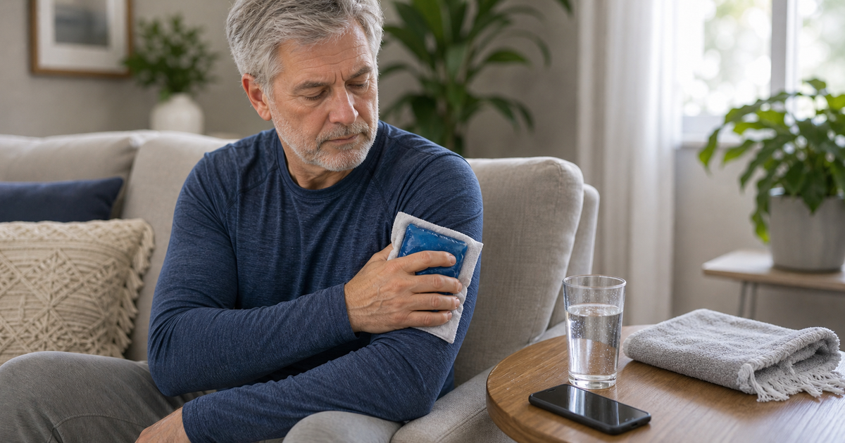 Man holding a wrapped cold pack near his upper arm