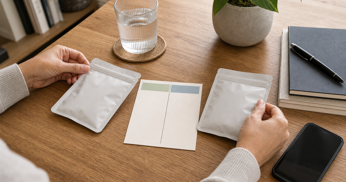 Hands comparing two unlabeled sealed pouches on a home table