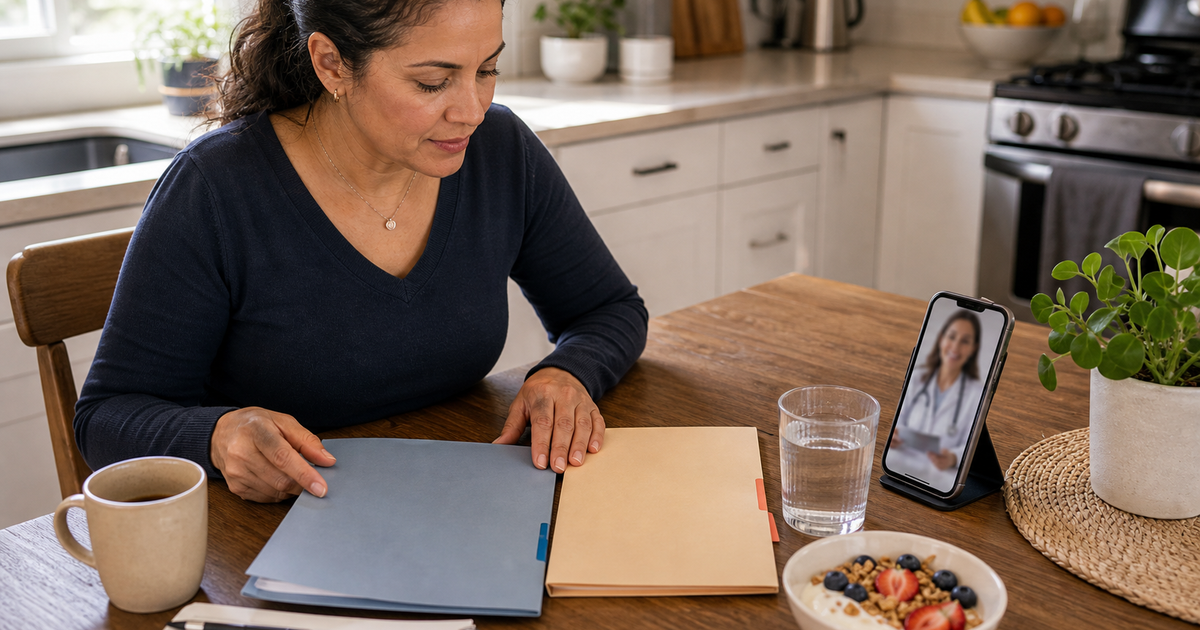 Woman reviewing two blank medication-switch folders during telehealth follow-up
