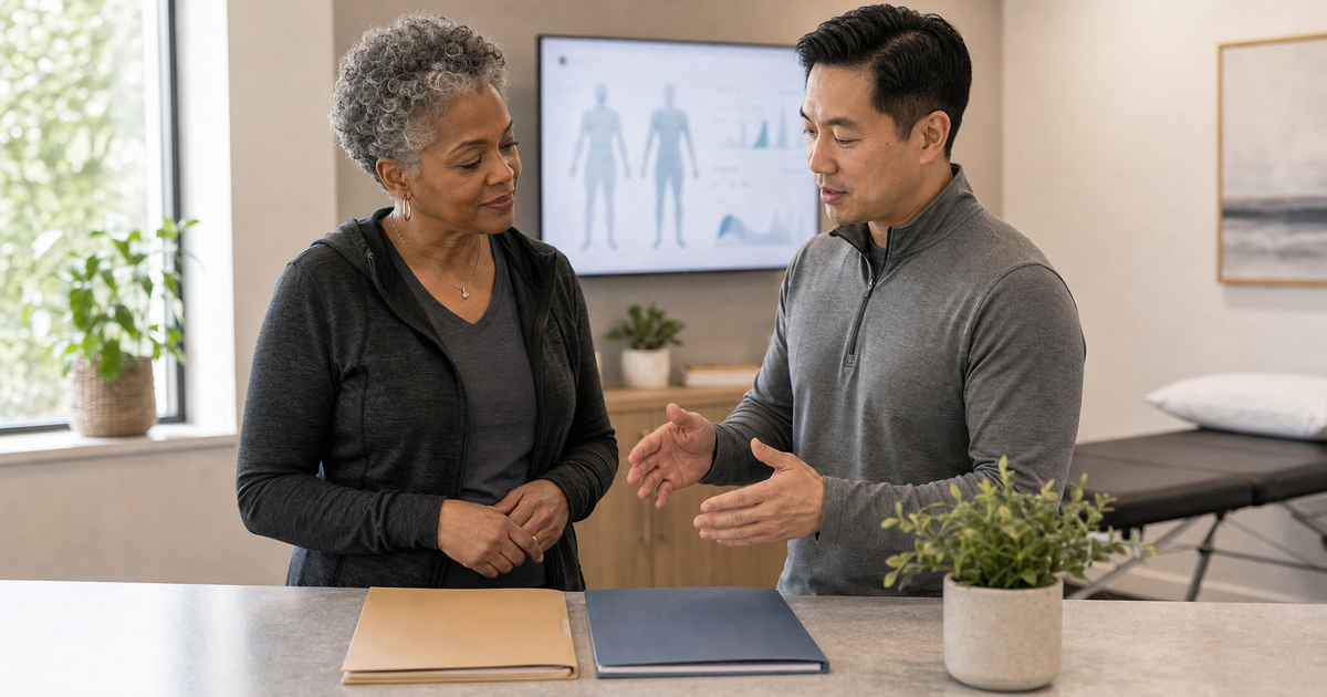 Clinician and patient discussing two blank care-plan folders