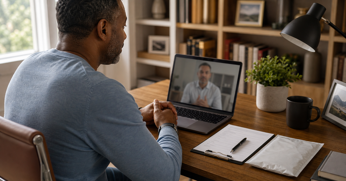 Man completing a telehealth consultation with a blurred provider screen