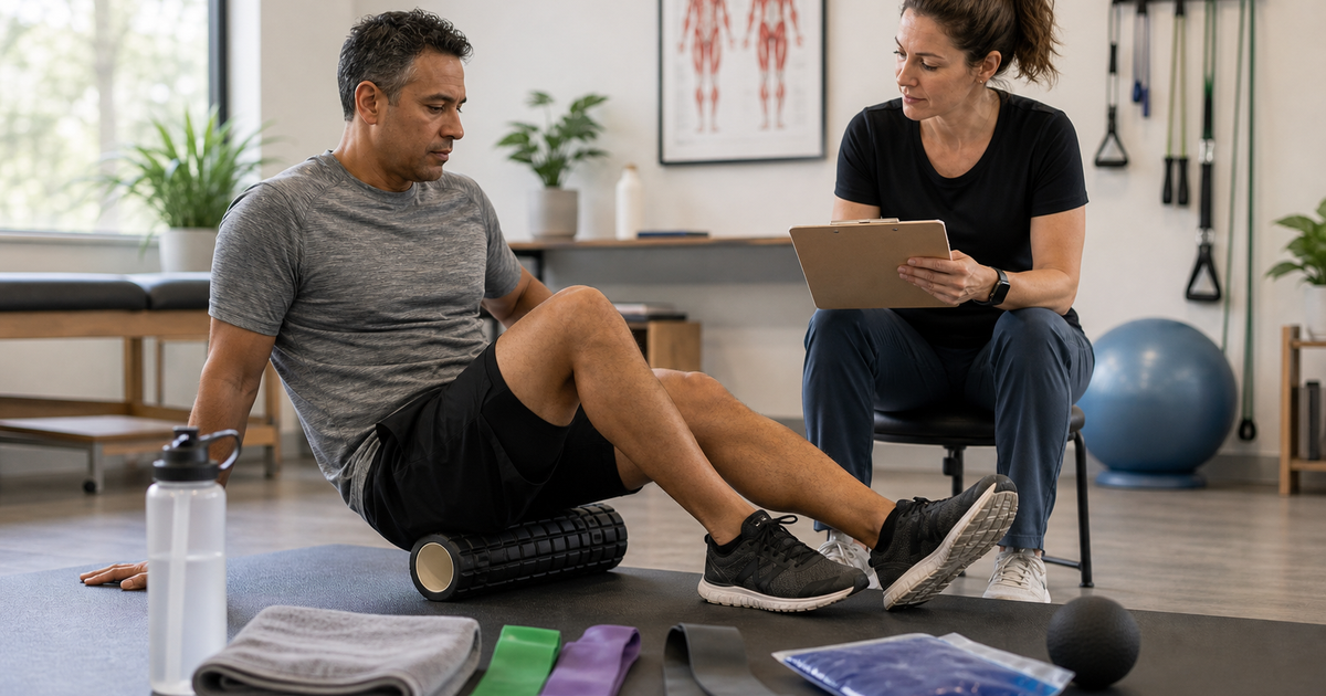 Patient doing mobility work while a clinician reviews recovery notes