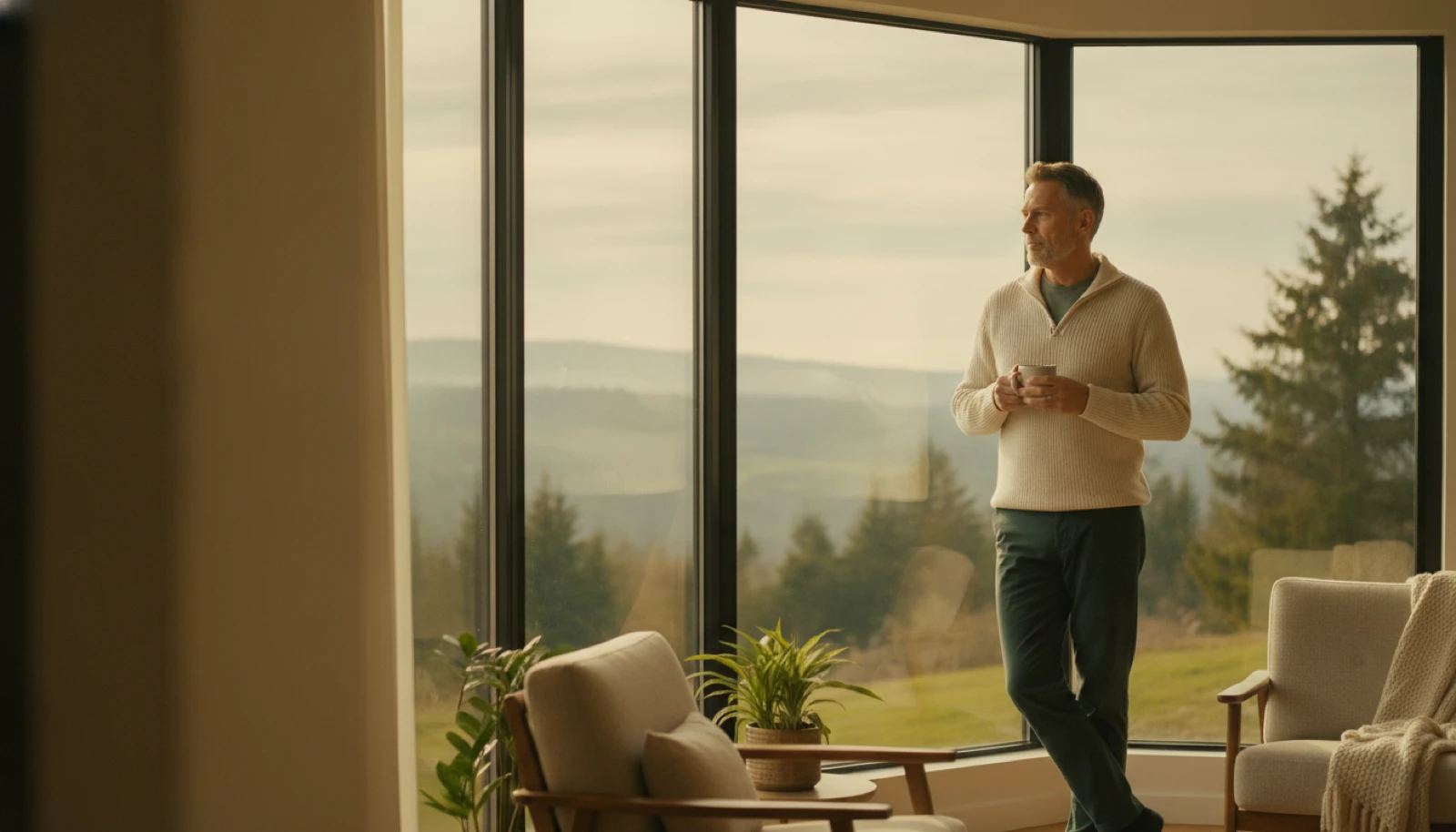 A man in his fifties at a window at home in warm morning light