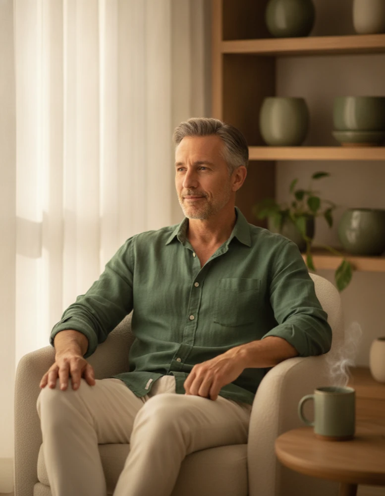 A healthy man in his fifties relaxed at home in warm natural light