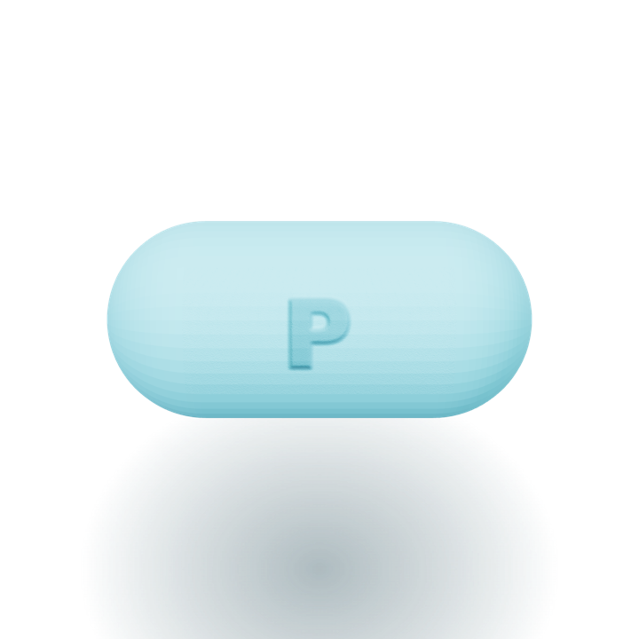 A Pep’d blue Tadalafil capsule with an engraved P
