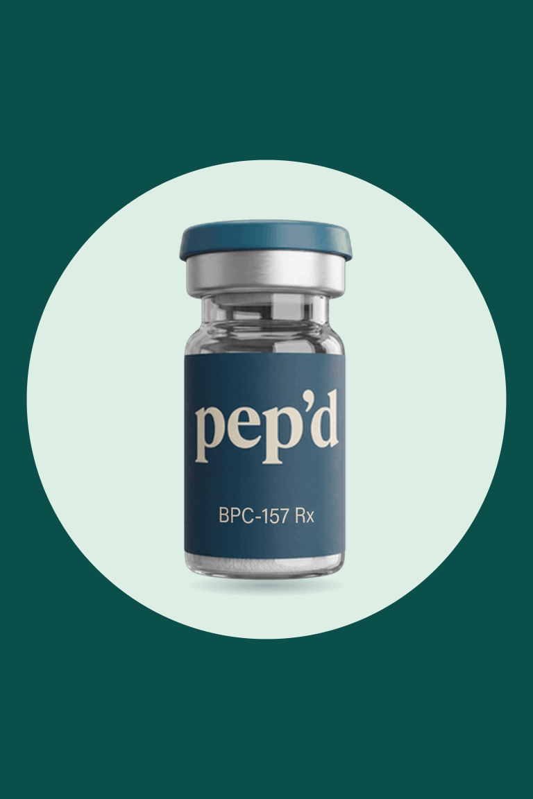 Get Pep’d BPC-157 Peptide Rx product shot on a deep teal background