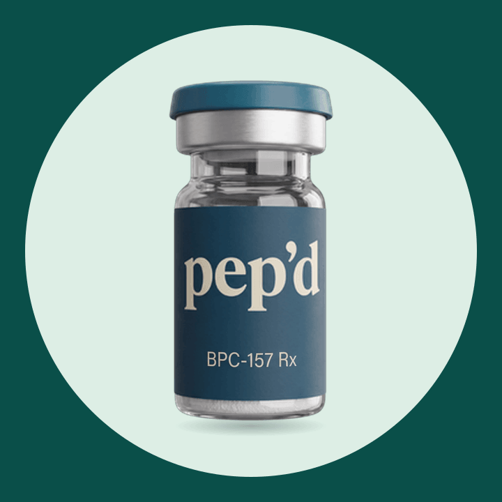 Pep’d BPC-157 Peptide Rx product shot on a deep teal background