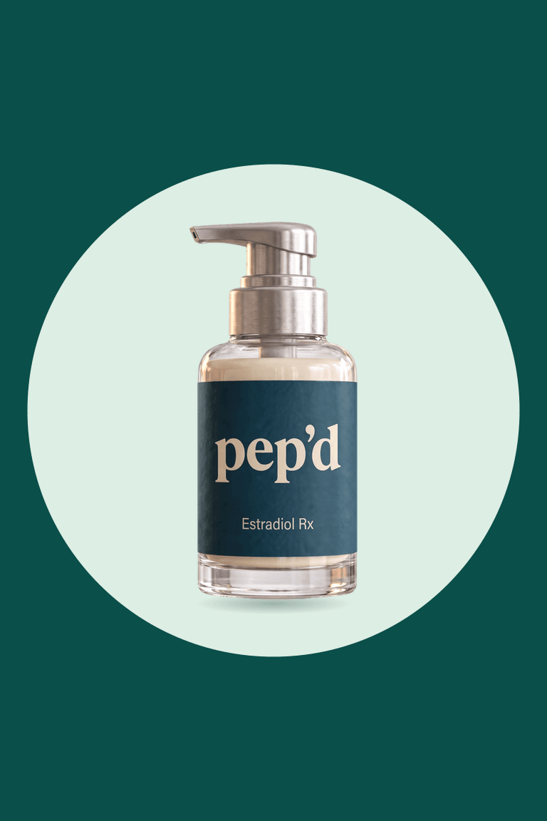Get Pep’d Estradiol Gel Rx product shot on a deep teal background