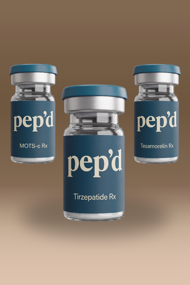 Get Pep’d Max Weight Loss Stack Rx tirzepatide, tesamorelin, and MOTS-c vials on a warm gradient