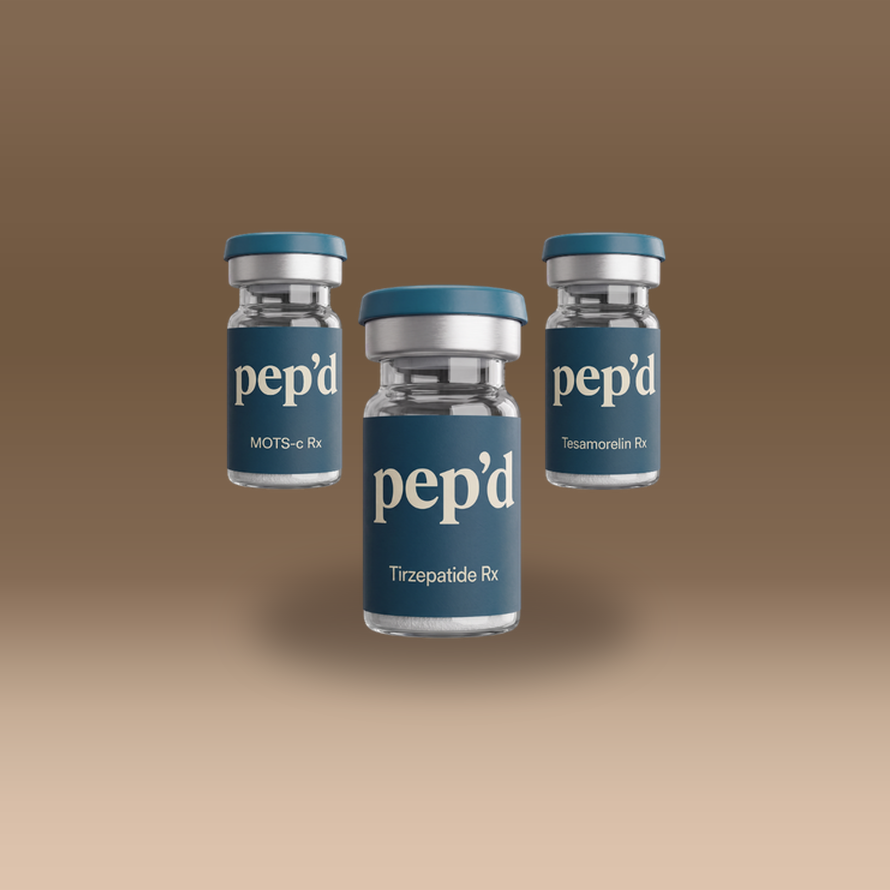 Pep’d Max Weight Loss Stack Rx tirzepatide, tesamorelin, and MOTS-c vials on a warm studio backdrop