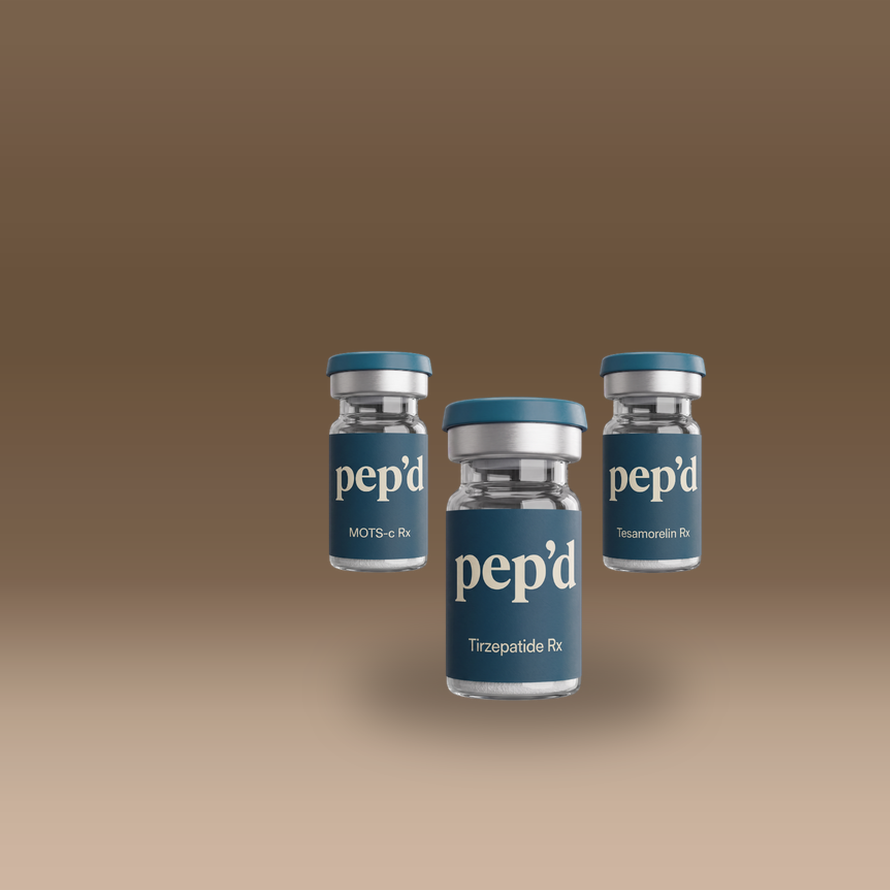 Pep’d Max Weight Loss Stack Rx tirzepatide, tesamorelin, and MOTS-c vials on a warm studio backdrop, second angle
