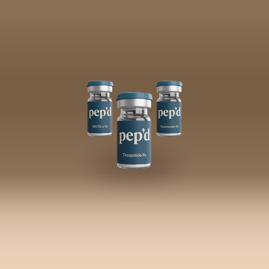 Pep’d Max Weight Loss Stack Rx tirzepatide, tesamorelin, and MOTS-c vials on a warm studio backdrop, third angle