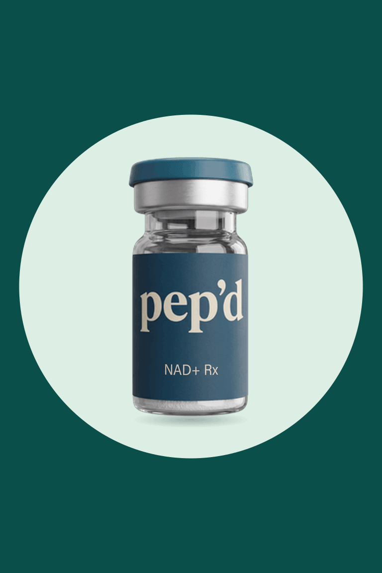 Get Pep’d NAD+ Therapy Rx product shot on a deep teal background