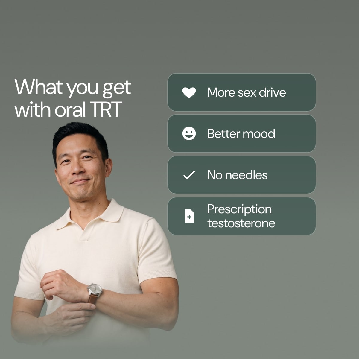 Pep’d Oral Testosterone Rx: What you get with oral TRT. More sex drive. Better mood. No needles. Prescription testosterone
