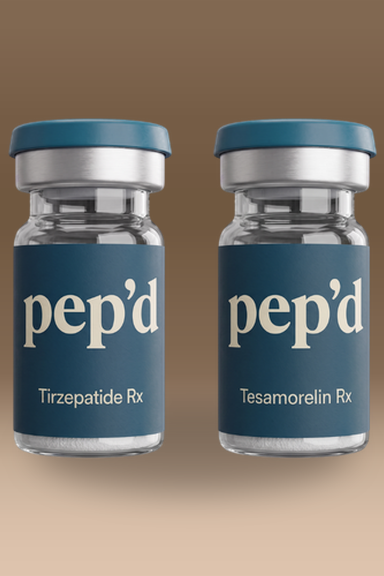 Get Pep’d Pro Weight Loss Stack Rx tirzepatide and tesamorelin vials on a warm gradient