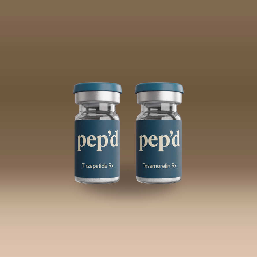 Pep’d Pro Weight Loss Stack Rx tirzepatide and tesamorelin vials on a warm studio backdrop
