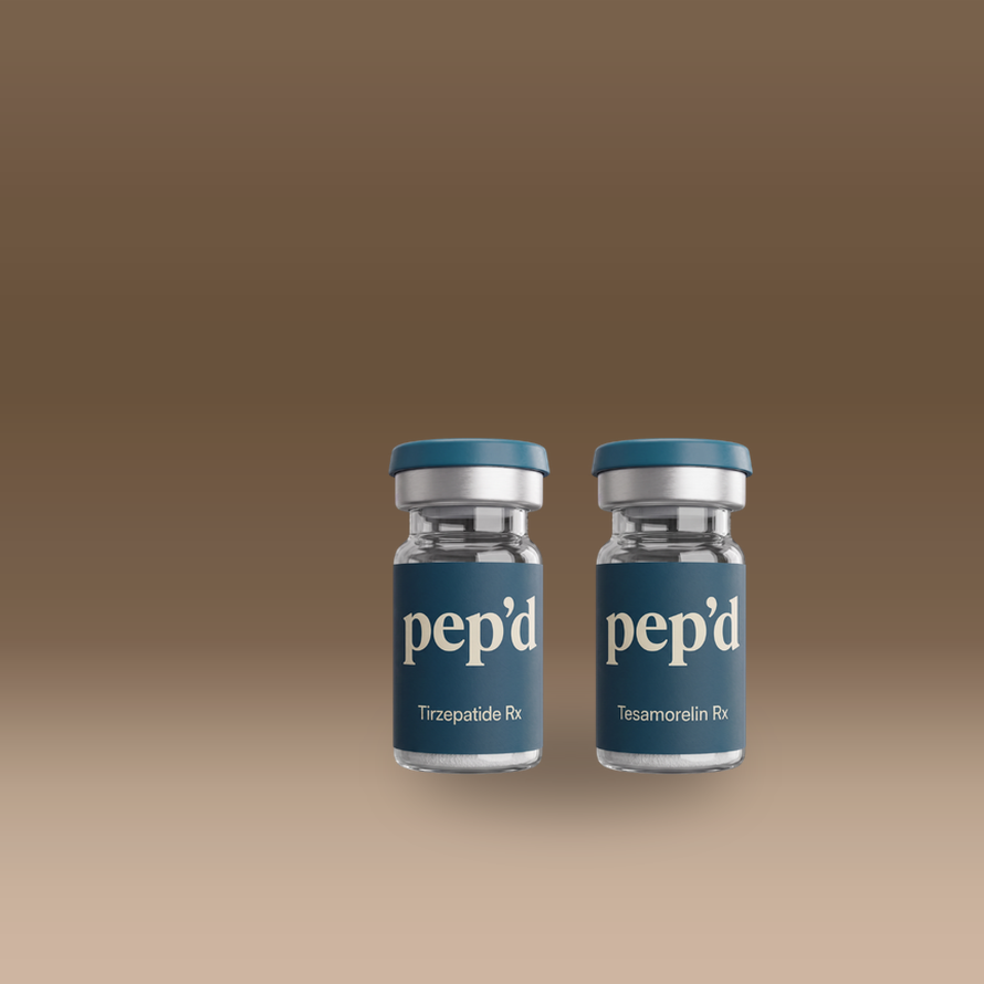 Pep’d Pro Weight Loss Stack Rx tirzepatide and tesamorelin vials on a warm studio backdrop, second angle