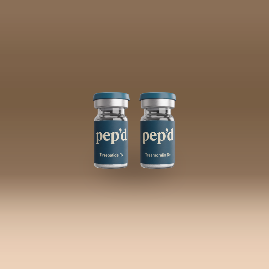 Pep’d Pro Weight Loss Stack Rx tirzepatide and tesamorelin vials on a warm studio backdrop, third angle