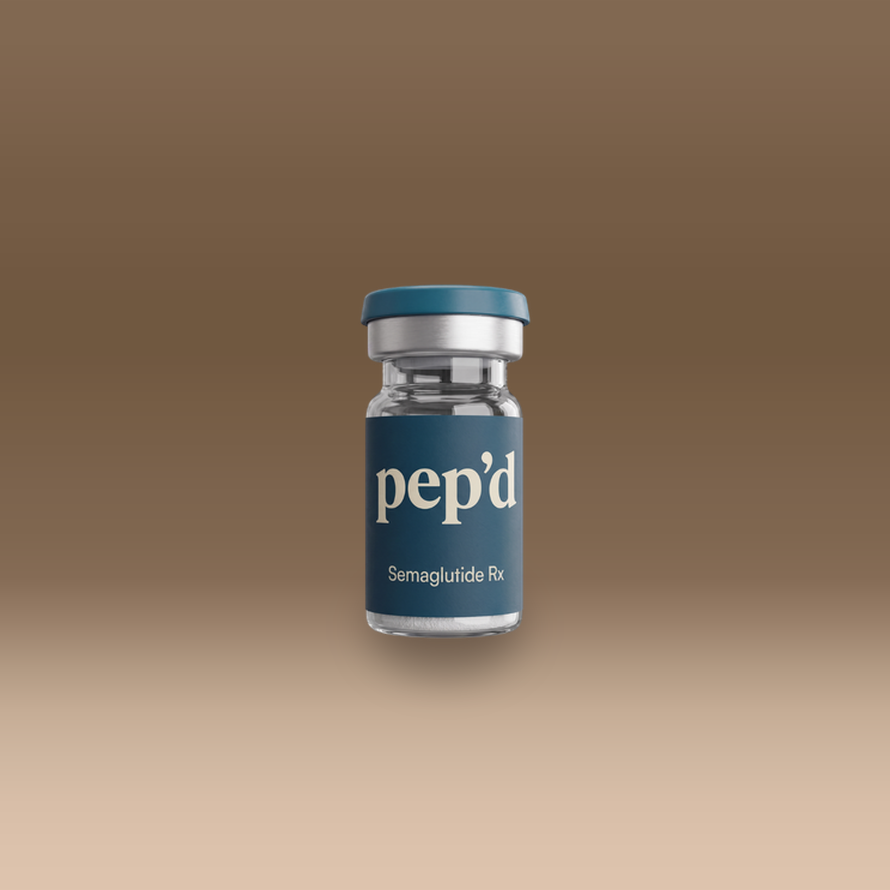 Pep’d Semaglutide Rx vial on a warm studio backdrop