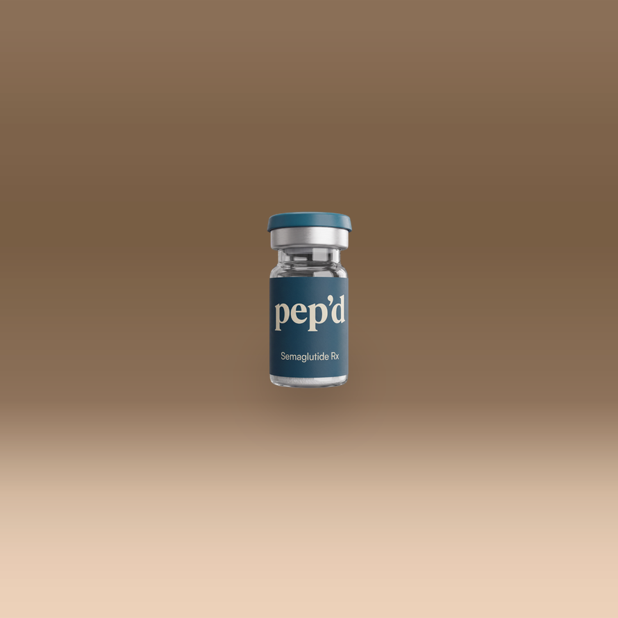 Pep’d Semaglutide Rx vial on a warm studio backdrop, third angle