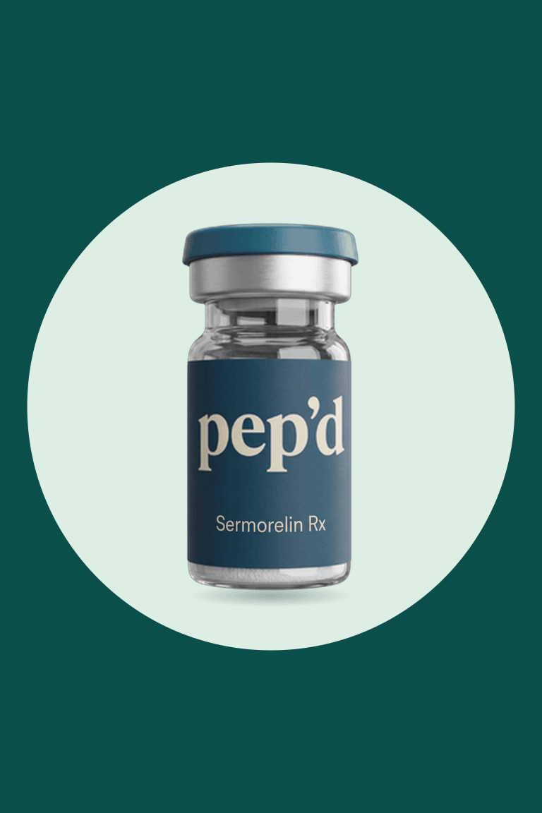 Get Pep’d Sermorelin Injection Rx product shot on a deep teal background