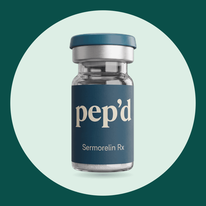 Pep’d Sermorelin Injection Rx product shot on a deep teal background