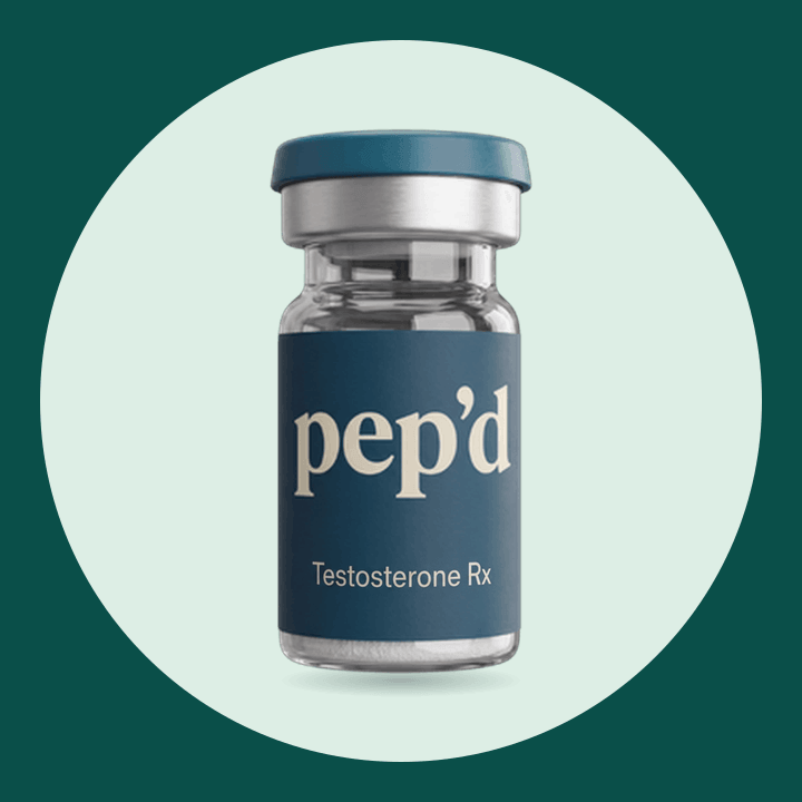 Pep’d Testosterone Injections Rx product shot on a deep teal background