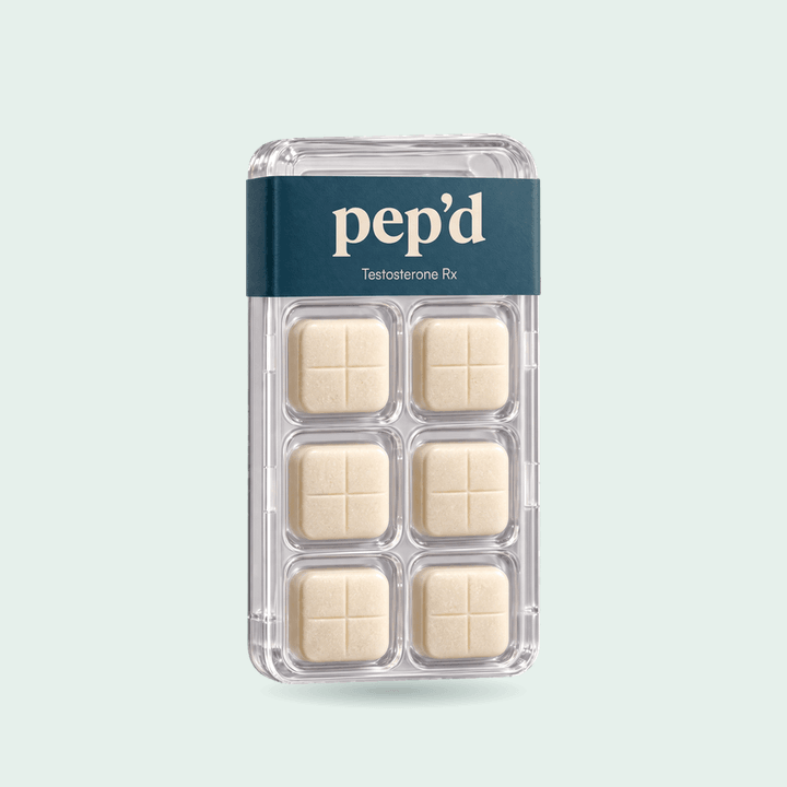 Pep’d Testosterone Troches Rx product shot on a mint background