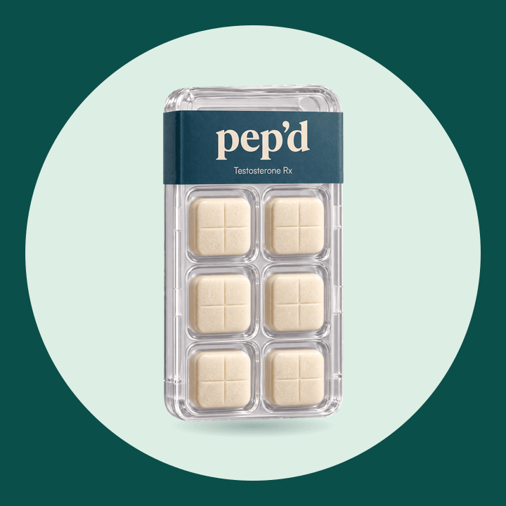 Pep’d Testosterone Troches Rx product shot on a deep teal background