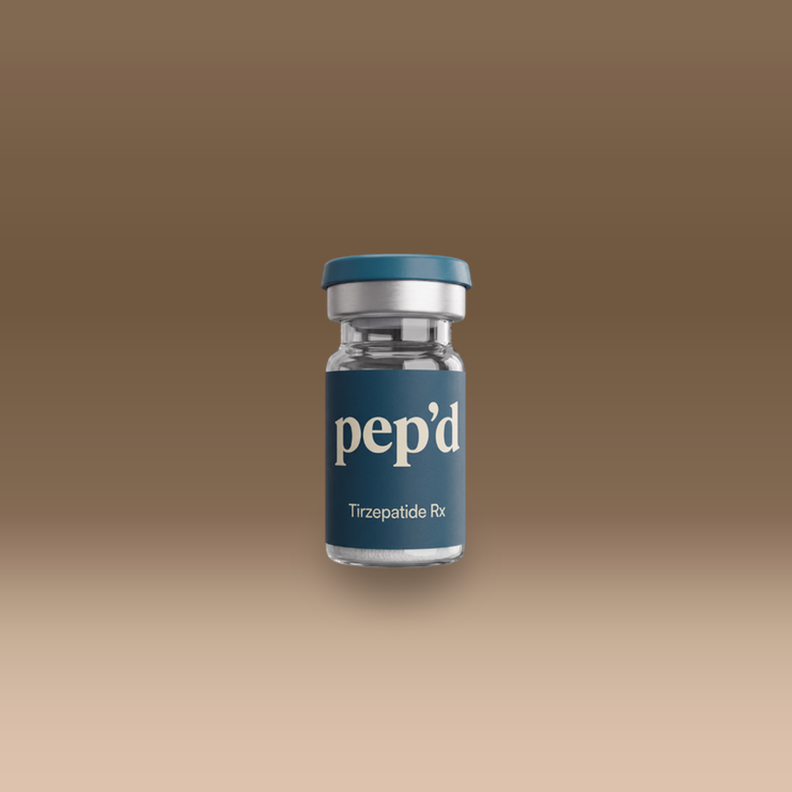 Pep’d Tirzepatide Rx vial on a warm studio backdrop