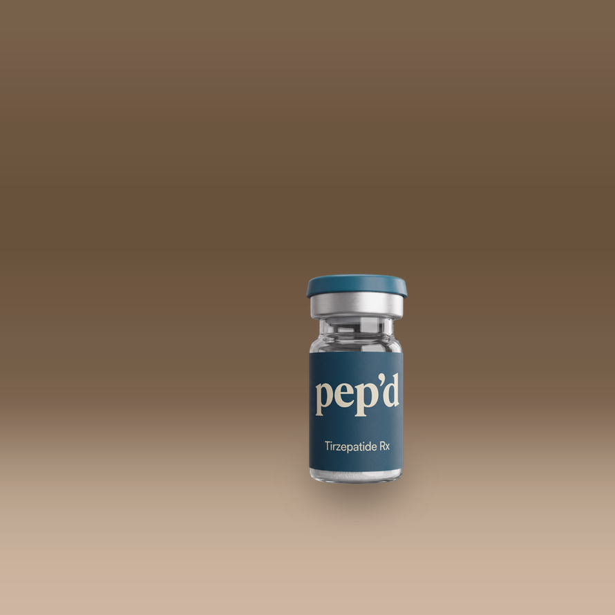 Pep’d Tirzepatide Rx vial on a warm studio backdrop, second angle