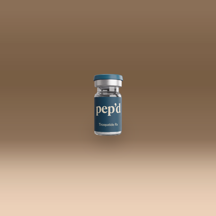 Pep’d Tirzepatide Rx vial on a warm studio backdrop, third angle