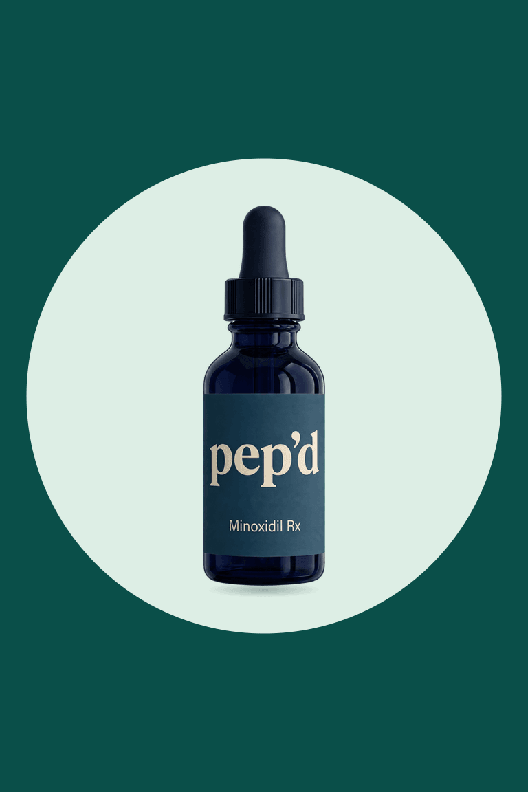 Get Pep’d Topical Minoxidil Rx product shot on a deep teal background