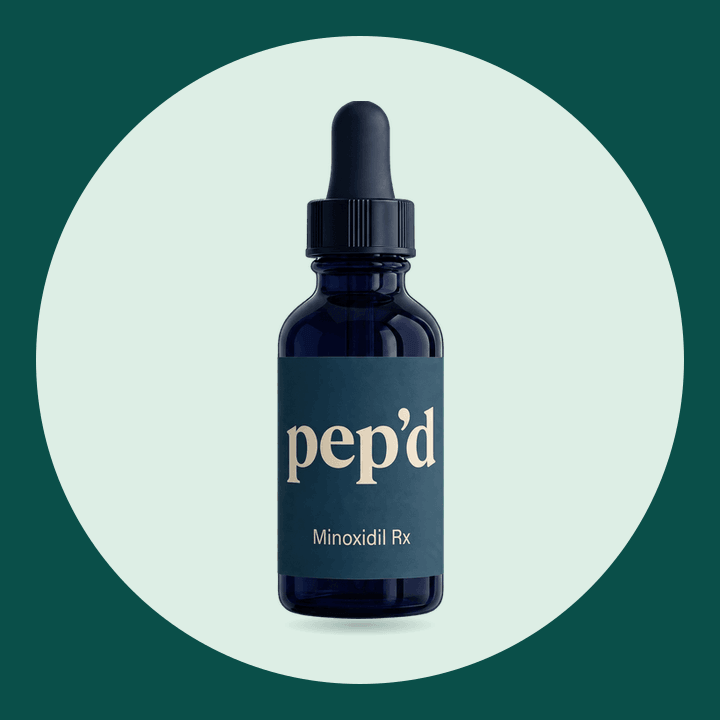 Pep’d Topical Minoxidil Rx product shot on a deep teal background