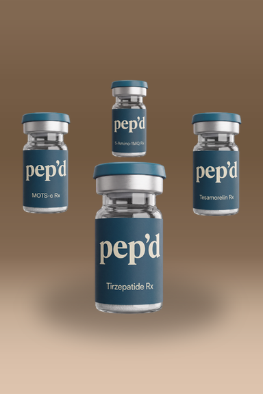 Get Pep’d Ultra Weight Loss Stack Rx tirzepatide, tesamorelin, MOTS-c, and 5-Amino-1MQ vials on a warm gradient