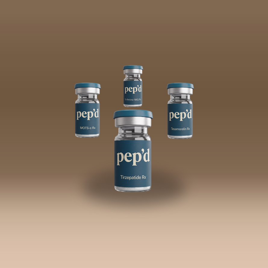 Pep’d Ultra Weight Loss Stack Rx tirzepatide, tesamorelin, MOTS-c, and 5-Amino-1MQ vials on a warm studio backdrop