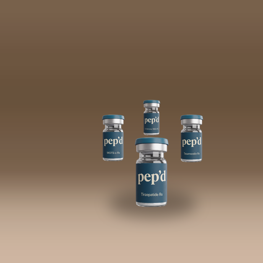Pep’d Ultra Weight Loss Stack Rx tirzepatide, tesamorelin, MOTS-c, and 5-Amino-1MQ vials on a warm studio backdrop, second angle