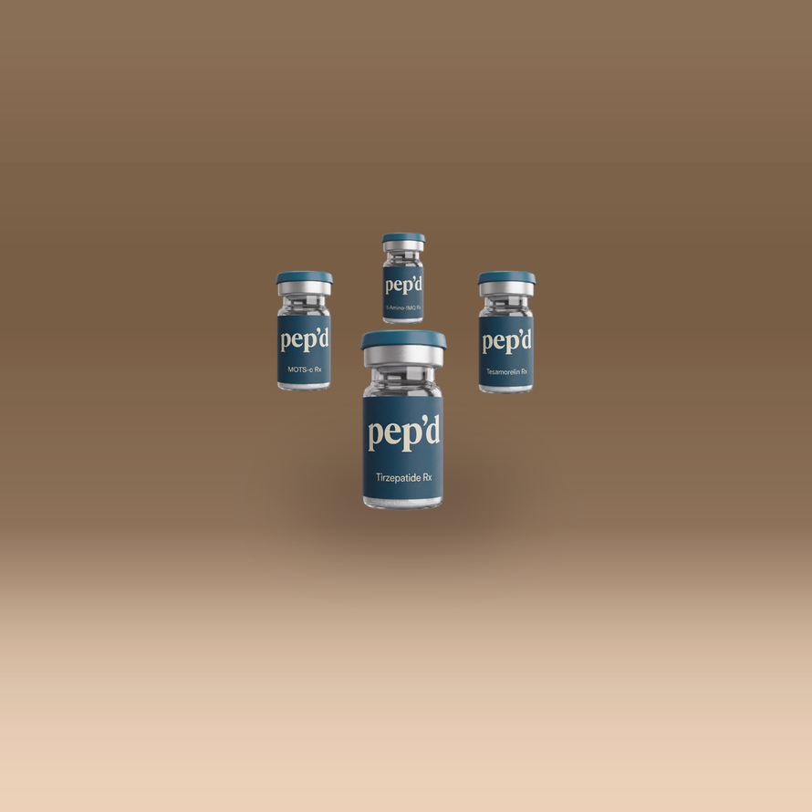 Pep’d Ultra Weight Loss Stack Rx tirzepatide, tesamorelin, MOTS-c, and 5-Amino-1MQ vials on a warm studio backdrop, third angle