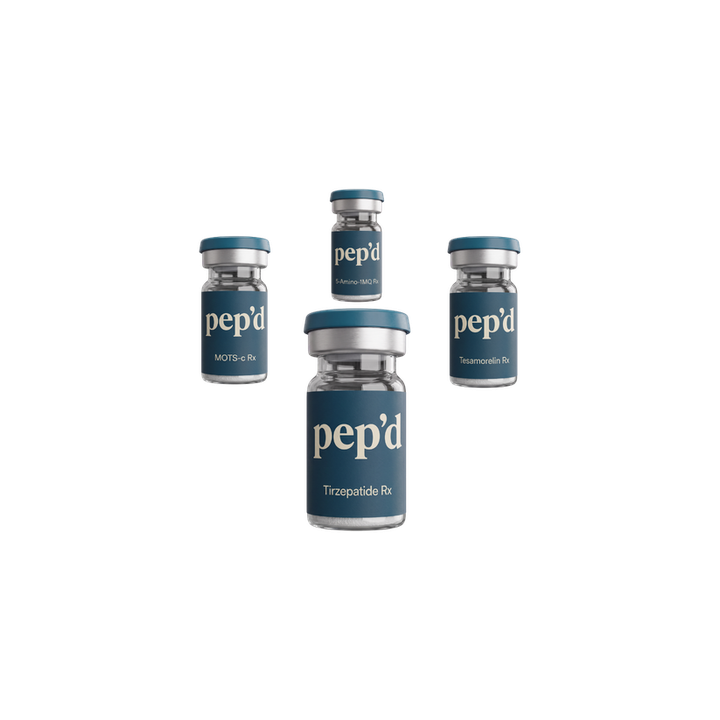 Pep’d Ultra Weight Loss Stack Rx tirzepatide, tesamorelin, MOTS-c, and 5-Amino-1MQ vial cutout